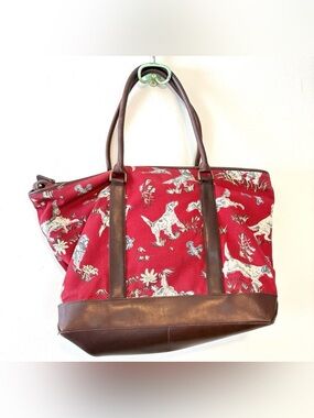 Vintage LL Bean red cotton canvas and leather hunting dog toile print tote bag